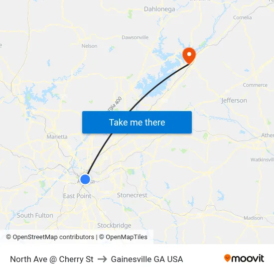 North Ave @ Cherry St to Gainesville GA USA map
