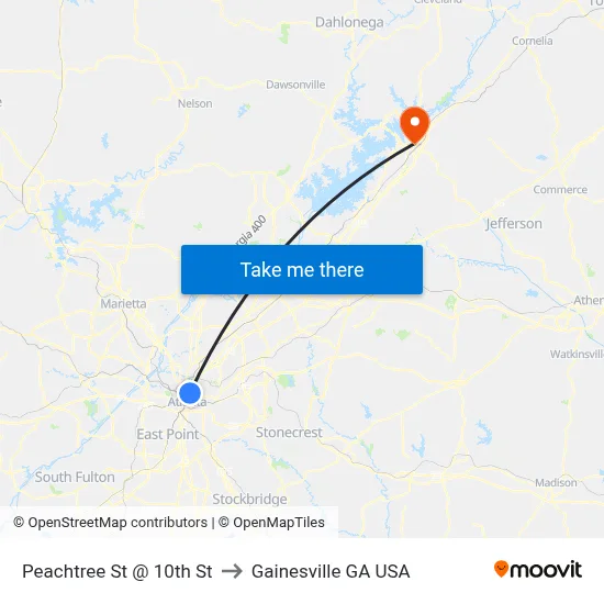 Peachtree St @ 10th St to Gainesville GA USA map
