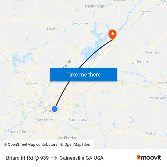 Briarcliff Rd @ 939 to Gainesville GA USA map