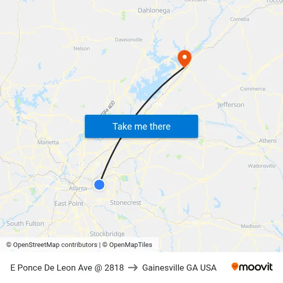 E Ponce De Leon Ave @ 2818 to Gainesville GA USA map