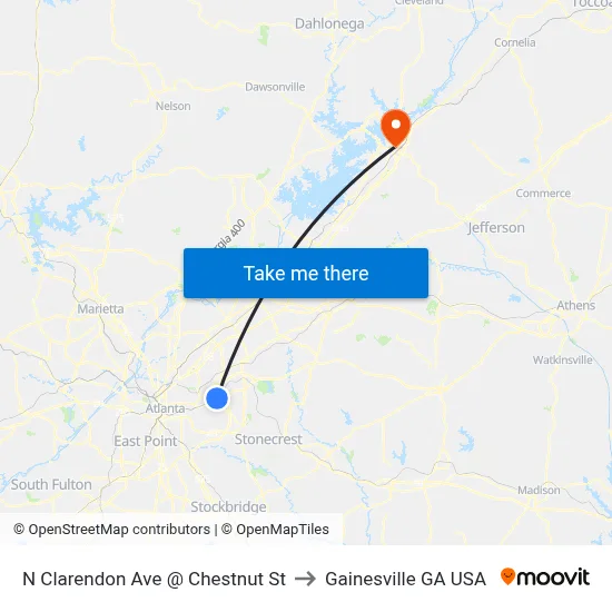 N Clarendon Ave @ Chestnut St to Gainesville GA USA map