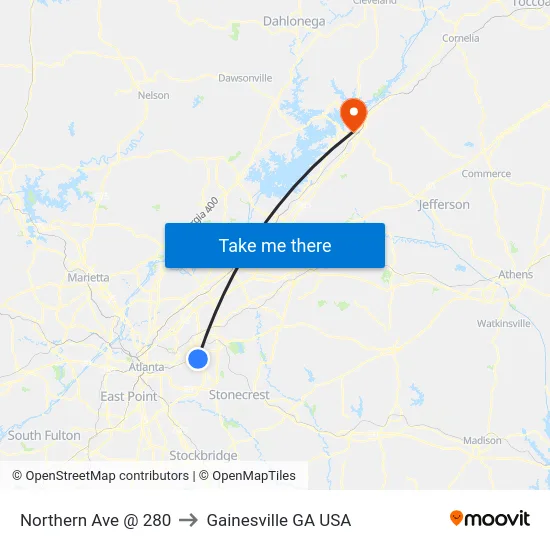 Northern Ave @ 280 to Gainesville GA USA map