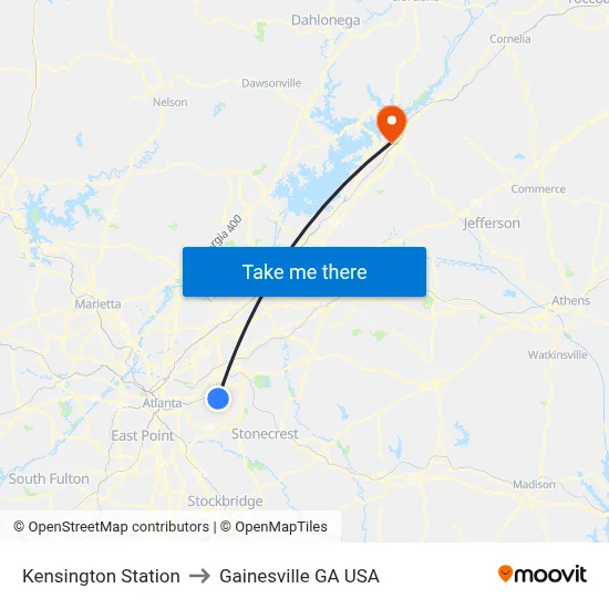 Kensington Station to Gainesville GA USA map