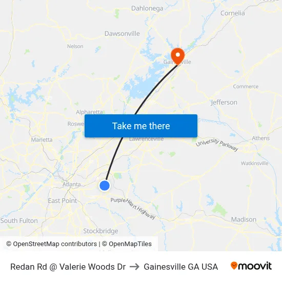 Redan Rd @ Valerie Woods Dr to Gainesville GA USA map