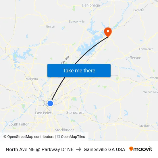 North Ave NE @ Parkway Dr NE to Gainesville GA USA map
