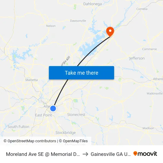 Moreland Ave SE @ Memorial Dr SE to Gainesville GA USA map