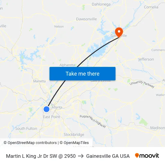 Martin L King Jr Dr SW @ 2950 to Gainesville GA USA map