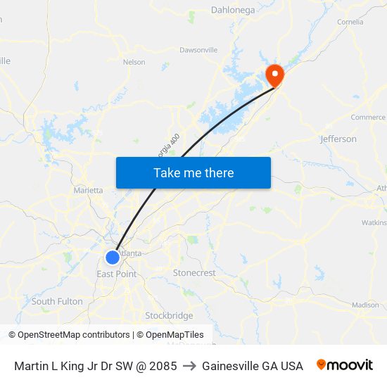 Martin L King Jr Dr SW @ 2085 to Gainesville GA USA map