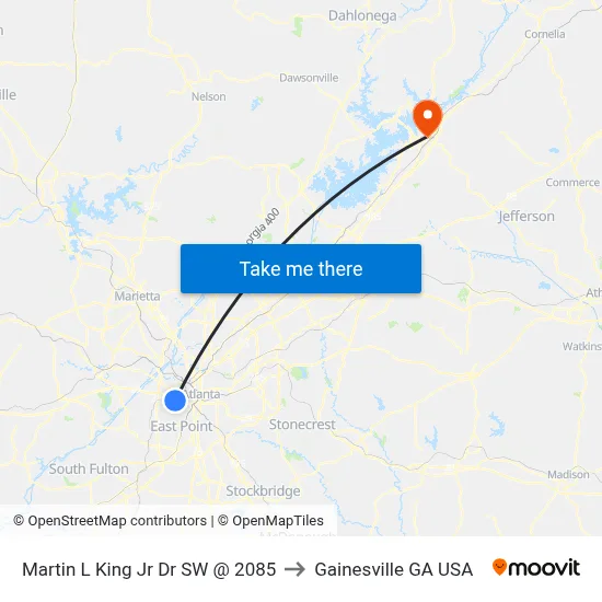Martin L King Jr Dr SW @ 2085 to Gainesville GA USA map