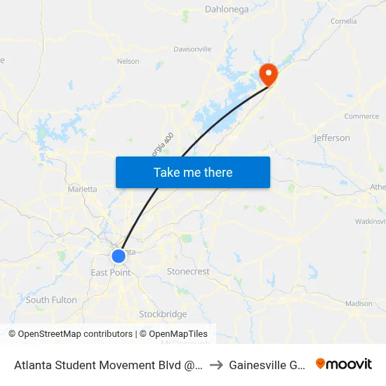 Atlanta Student Movement Blvd @ Elm St SW to Gainesville GA USA map