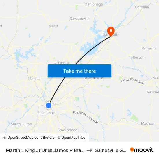 Martin L King Jr Dr @ James P Brawley Dr SW to Gainesville GA USA map