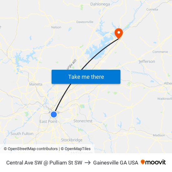 Central Ave SW @ Pulliam St SW to Gainesville GA USA map