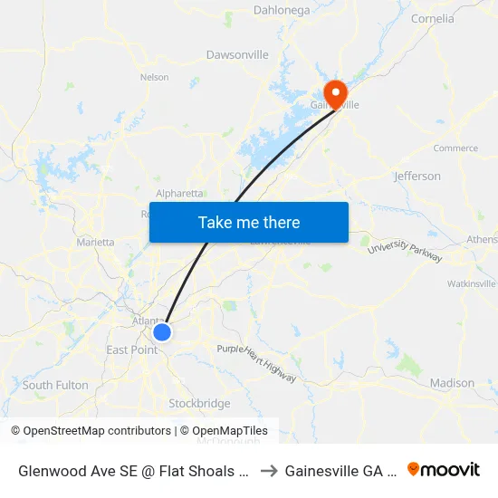 Glenwood Ave SE @ Flat Shoals Ave SE to Gainesville GA USA map