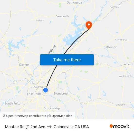 Mcafee Rd @ 2nd Ave to Gainesville GA USA map