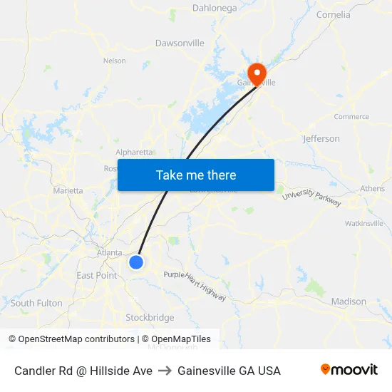 Candler Rd @ Hillside Ave to Gainesville GA USA map