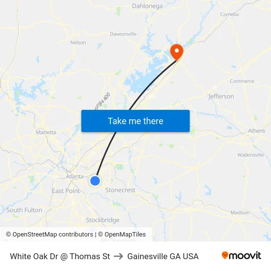 White Oak Dr @ Thomas St to Gainesville GA USA map