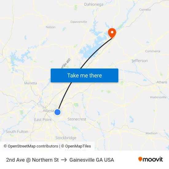 2nd Ave @ Northern St to Gainesville GA USA map