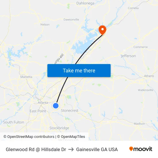 Glenwood Rd @ Hillsdale Dr to Gainesville GA USA map