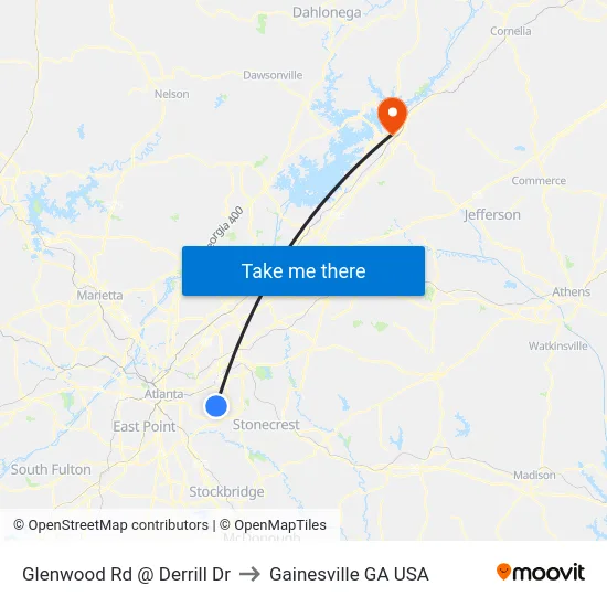 Glenwood Rd @ Derrill Dr to Gainesville GA USA map