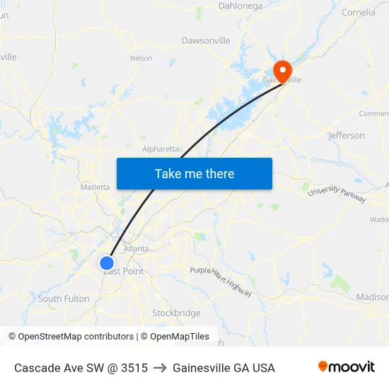 Cascade Ave SW @ 3515 to Gainesville GA USA map