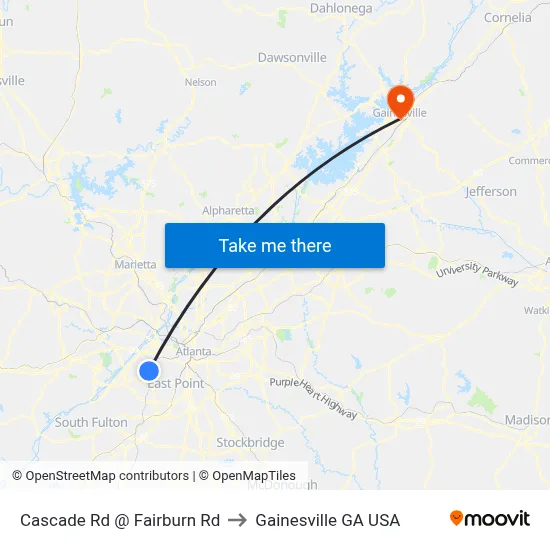 Cascade Rd @ Fairburn Rd to Gainesville GA USA map