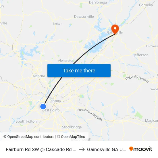 Fairburn Rd SW @ Cascade Rd SW to Gainesville GA USA map