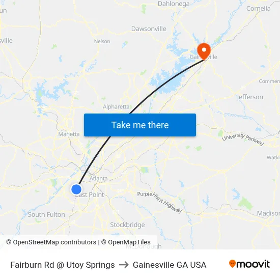 Fairburn Rd @ Utoy Springs to Gainesville GA USA map