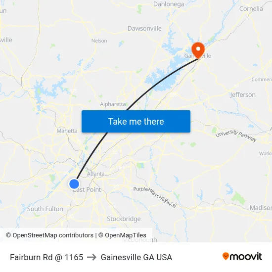 Fairburn Rd @ 1165 to Gainesville GA USA map