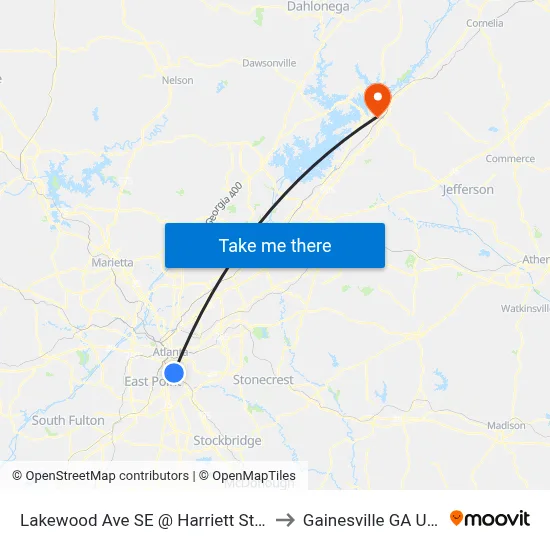 Lakewood Ave SE @ Harriett St SE to Gainesville GA USA map
