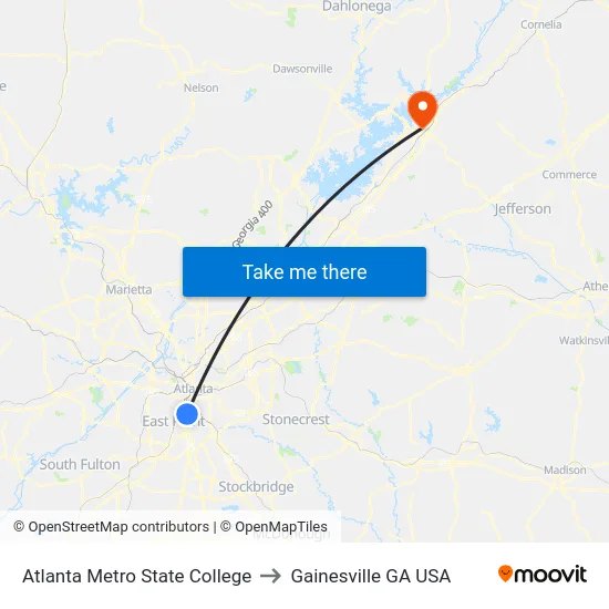 Atlanta Metro State College to Gainesville GA USA map