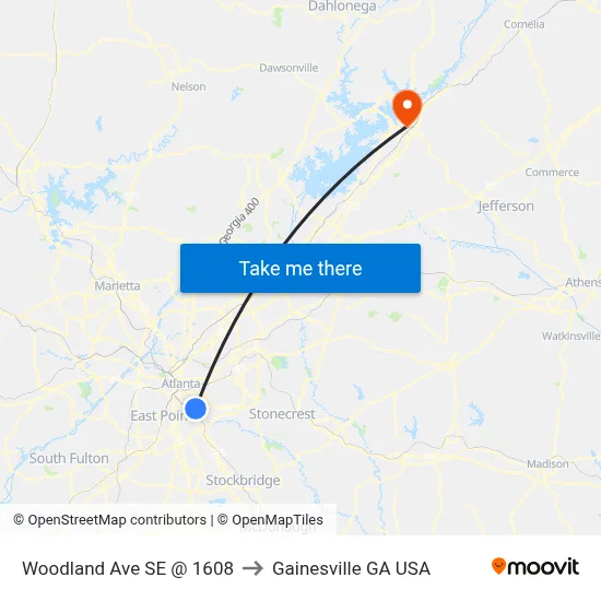 Woodland Ave SE @ 1608 to Gainesville GA USA map