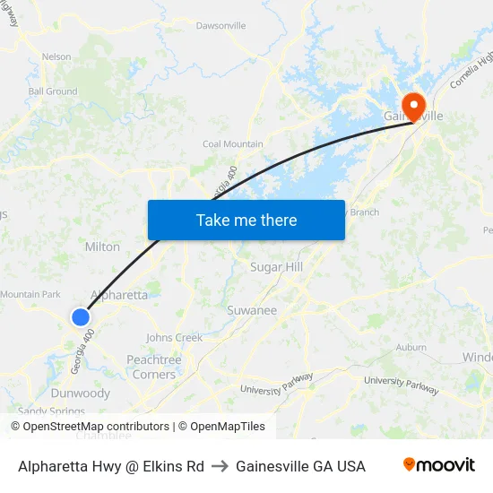 Alpharetta Hwy @ Elkins Rd to Gainesville GA USA map