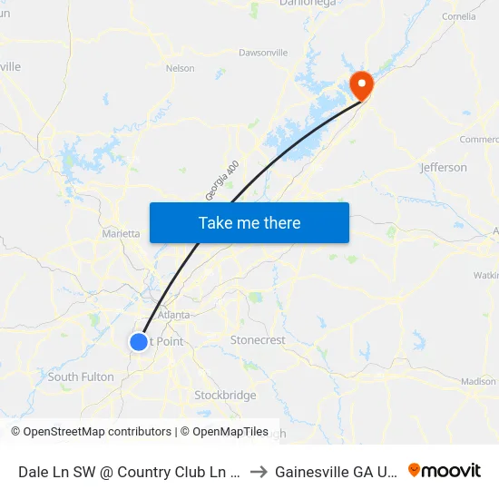 Dale Ln SW @ Country Club Ln SW to Gainesville GA USA map
