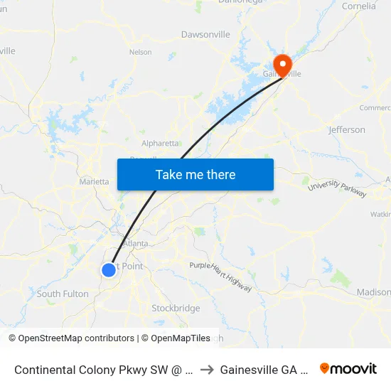Continental Colony Pkwy SW @ 3030 to Gainesville GA USA map