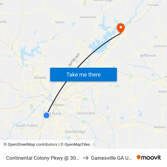 Continental Colony Pkwy @ 3033 to Gainesville GA USA map