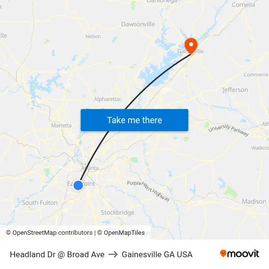 Headland Dr @ Broad Ave to Gainesville GA USA map