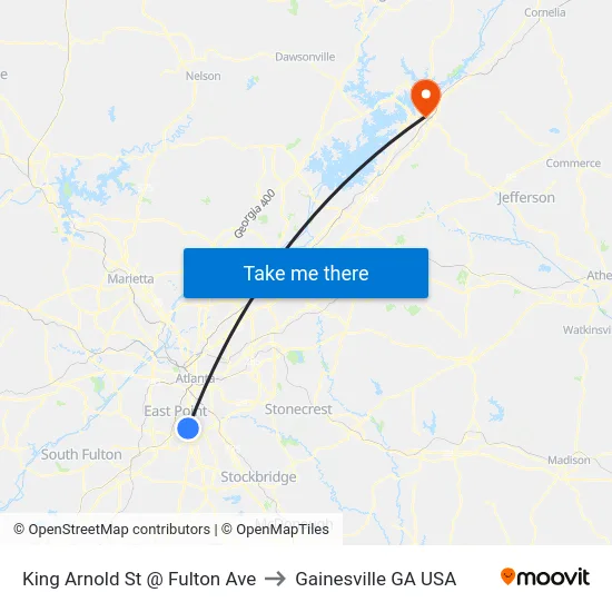 King Arnold St @ Fulton Ave to Gainesville GA USA map