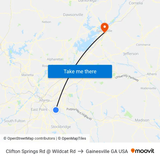 Clifton Springs Rd @ Wildcat Rd to Gainesville GA USA map
