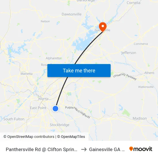Panthersville Rd @ Clifton Springs Rd to Gainesville GA USA map