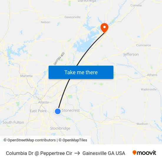 Columbia Dr @ Peppertree Cir to Gainesville GA USA map