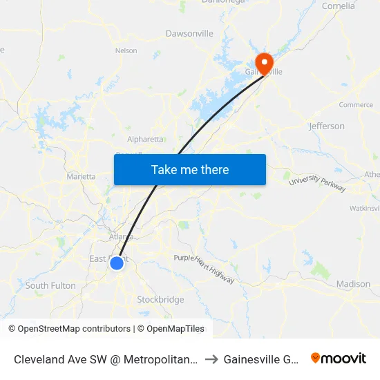 Cleveland Ave SW @ Metropolitan Pkwy SW to Gainesville GA USA map