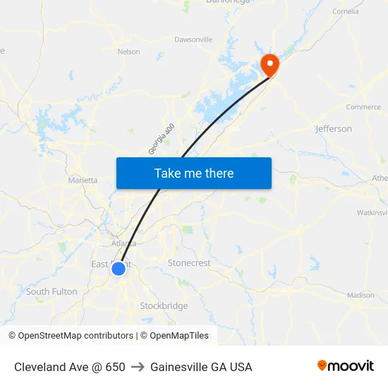 Cleveland Ave @ 650 to Gainesville GA USA map