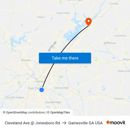 Cleveland Ave @ Jonesboro Rd to Gainesville GA USA map