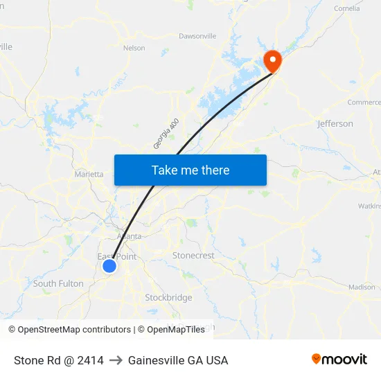 Stone Rd @ 2414 to Gainesville GA USA map
