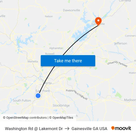 Washington Rd @ Lakemont Dr to Gainesville GA USA map