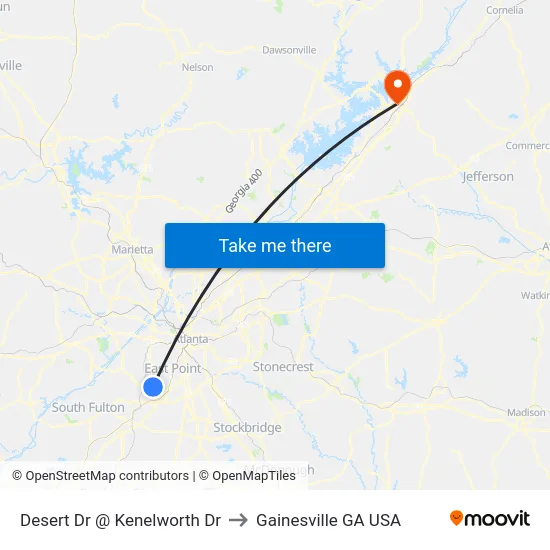 Desert Dr @ Kenelworth Dr to Gainesville GA USA map