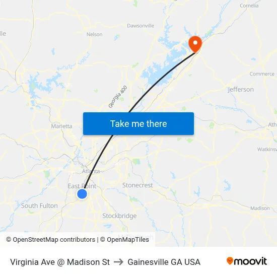 Virginia Ave @ Madison St to Gainesville GA USA map