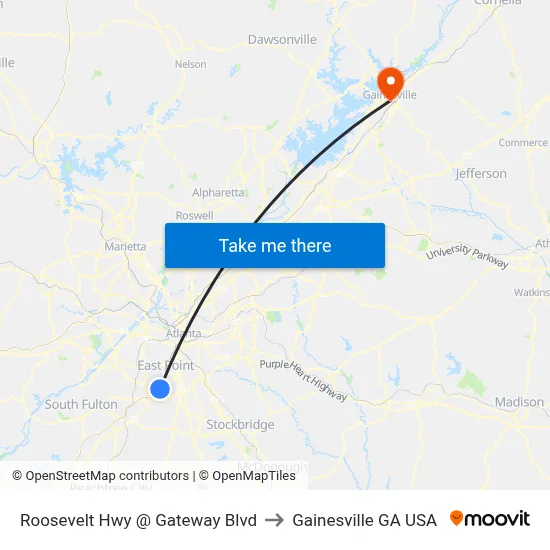 Roosevelt Hwy @ Gateway Blvd to Gainesville GA USA map