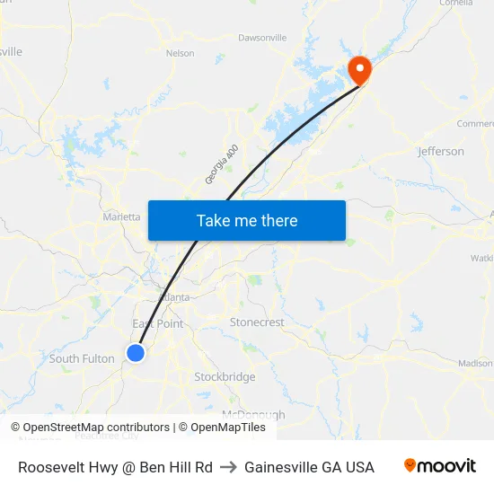 Roosevelt Hwy @ Ben Hill Rd to Gainesville GA USA map