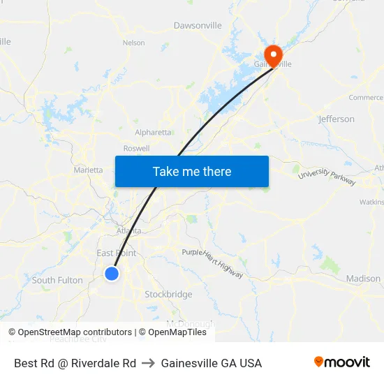 Best Rd @ Riverdale Rd to Gainesville GA USA map